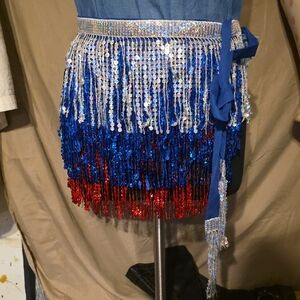 Blue and Red Sequin Fringe Skirt